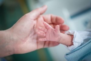 Duas mãos, sendo uma de bebê e outra de um adulto para artigo do blog de pediatra